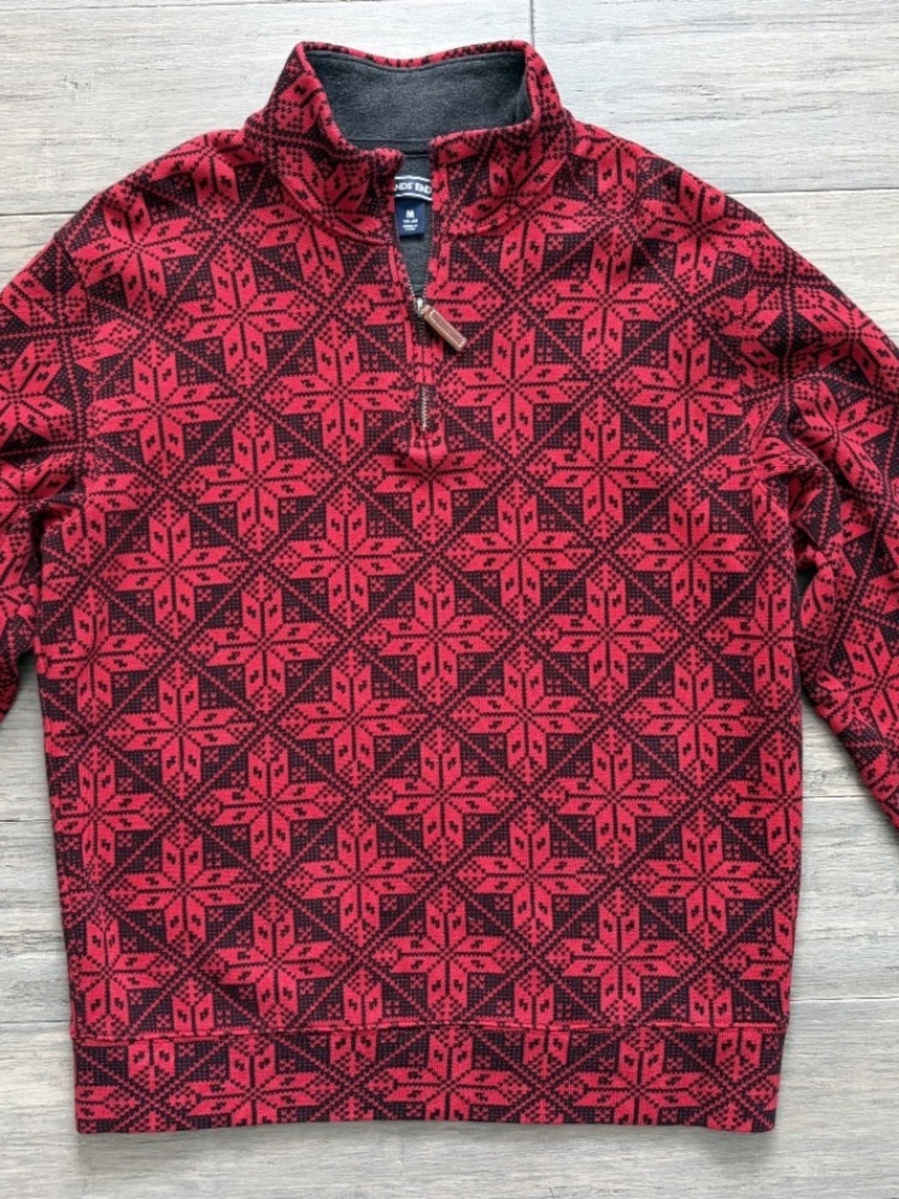 Lands' End Men's Medium 1/4 Zip Sweater Red Black 100% Cotton Snowflake Pullover
